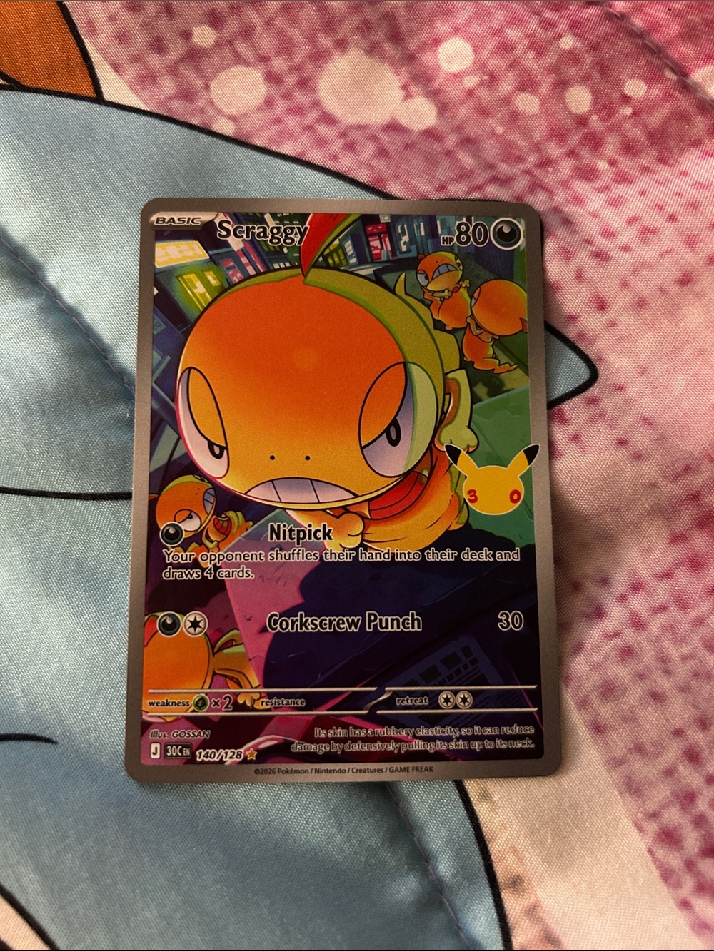 Pokemon Scraggy Holographic Card - Orange & Green Artwork